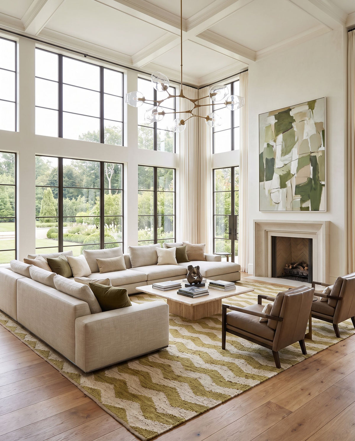 Portico AWAR-5012 Hand Woven Rug as the centerpiece of a bright luxury living room — a hand woven cottage area rug in multicolor tones