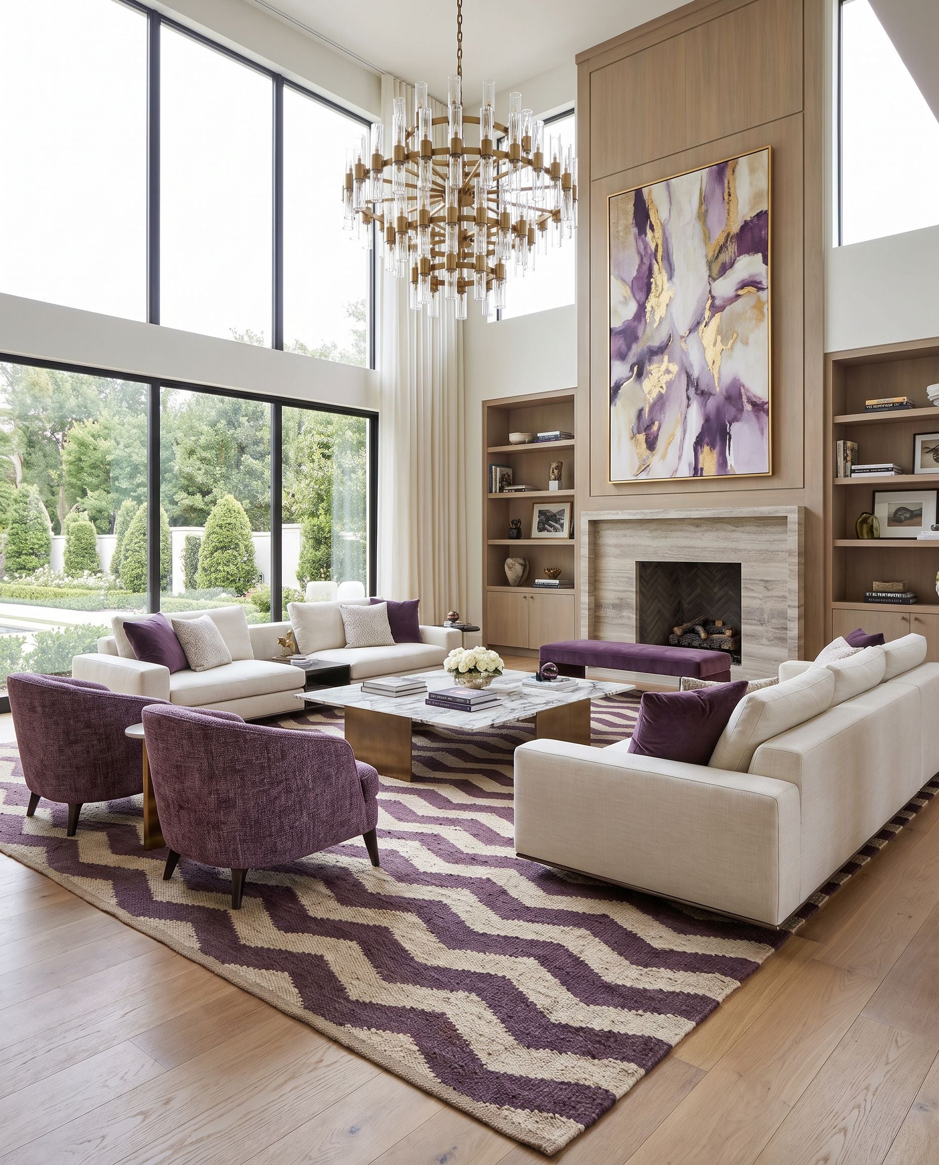 Portico AWAR-5013 Hand Woven Rug as the centerpiece of a bright luxury living room — a hand woven cottage area rug in multicolor tones