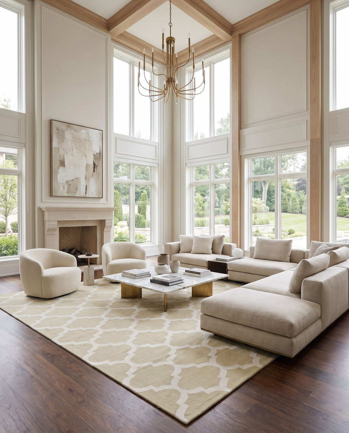 Vogue AWLT-3000 Hand Woven Rug as the centerpiece of a bright luxury living room — a hand woven modern area rug in light green and cream tones