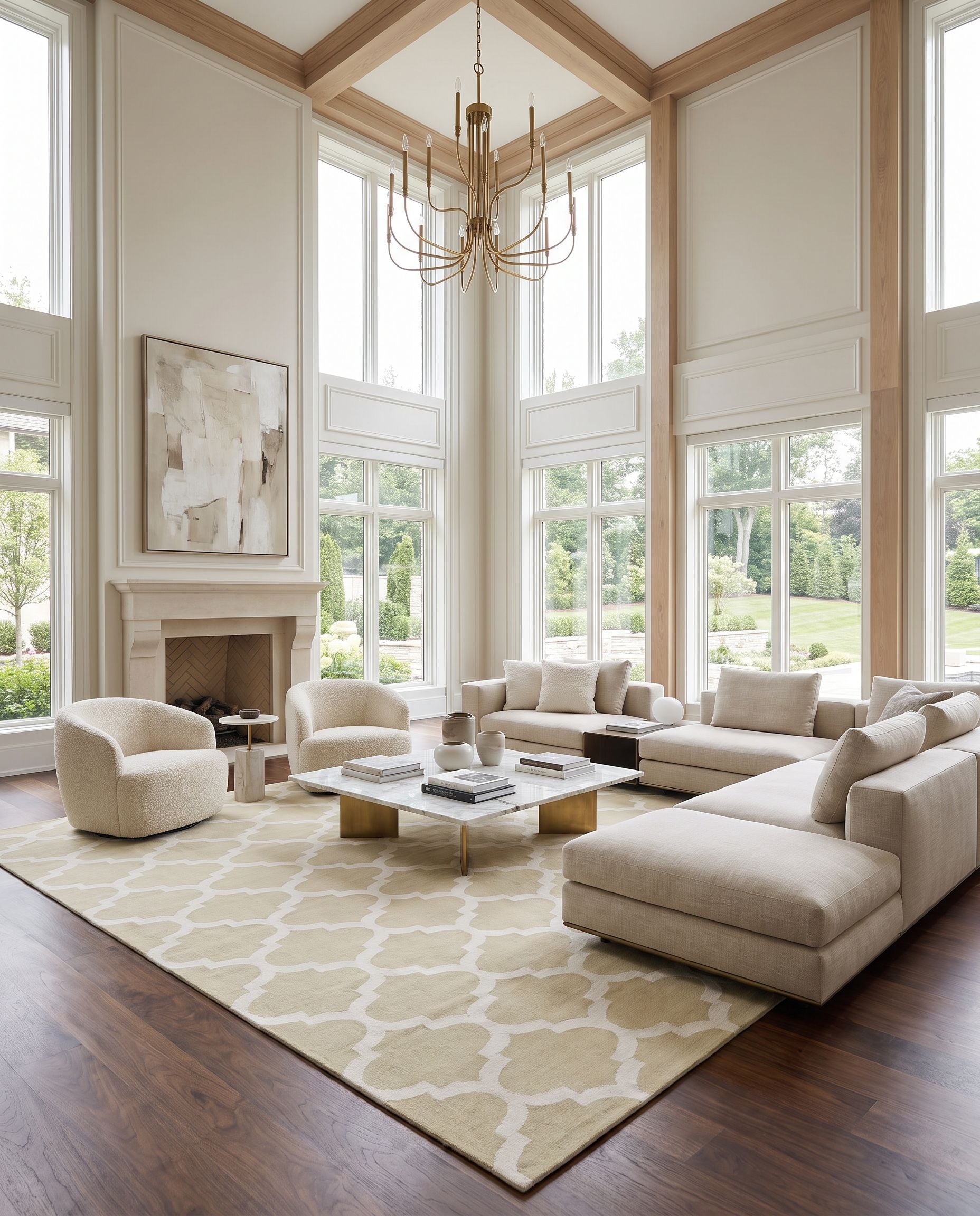 Vogue AWLT-3000 Hand Woven Rug as the centerpiece of a bright luxury living room — a hand woven modern area rug in light green and cream tones