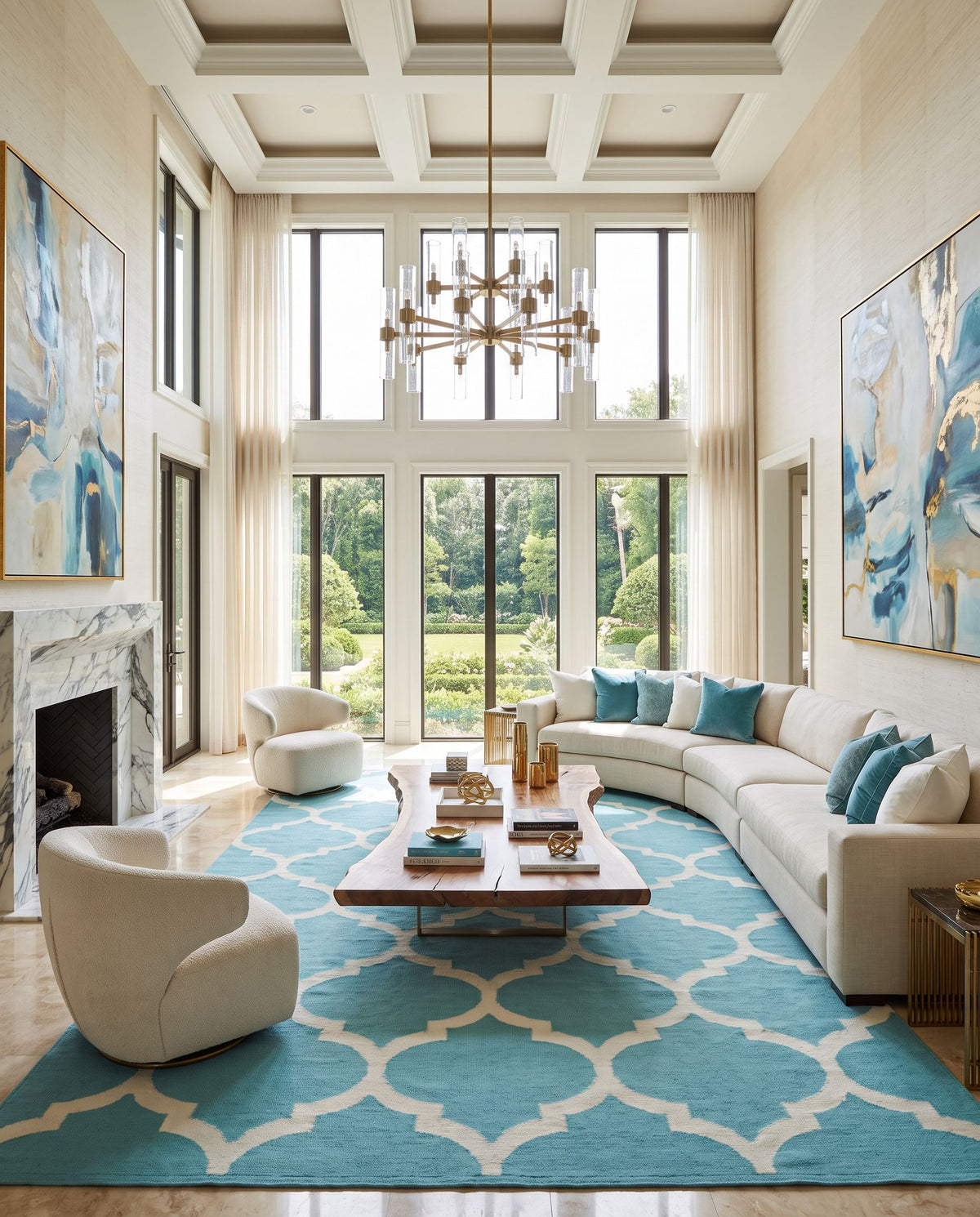 Vogue AWLT-3003 Hand Woven Rug as the centerpiece of a bright luxury living room — a hand woven modern area rug in aqua and ivory tones