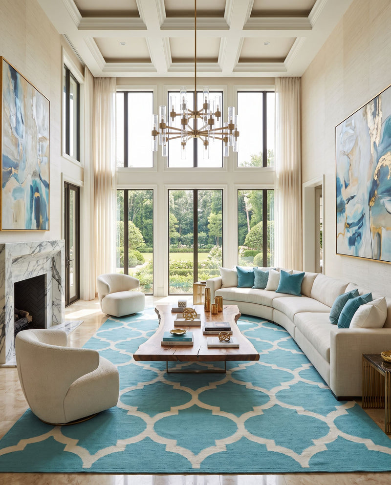 Vogue AWLT-3003 Hand Woven Rug as the centerpiece of a bright luxury living room — a hand woven modern area rug in aqua and ivory tones