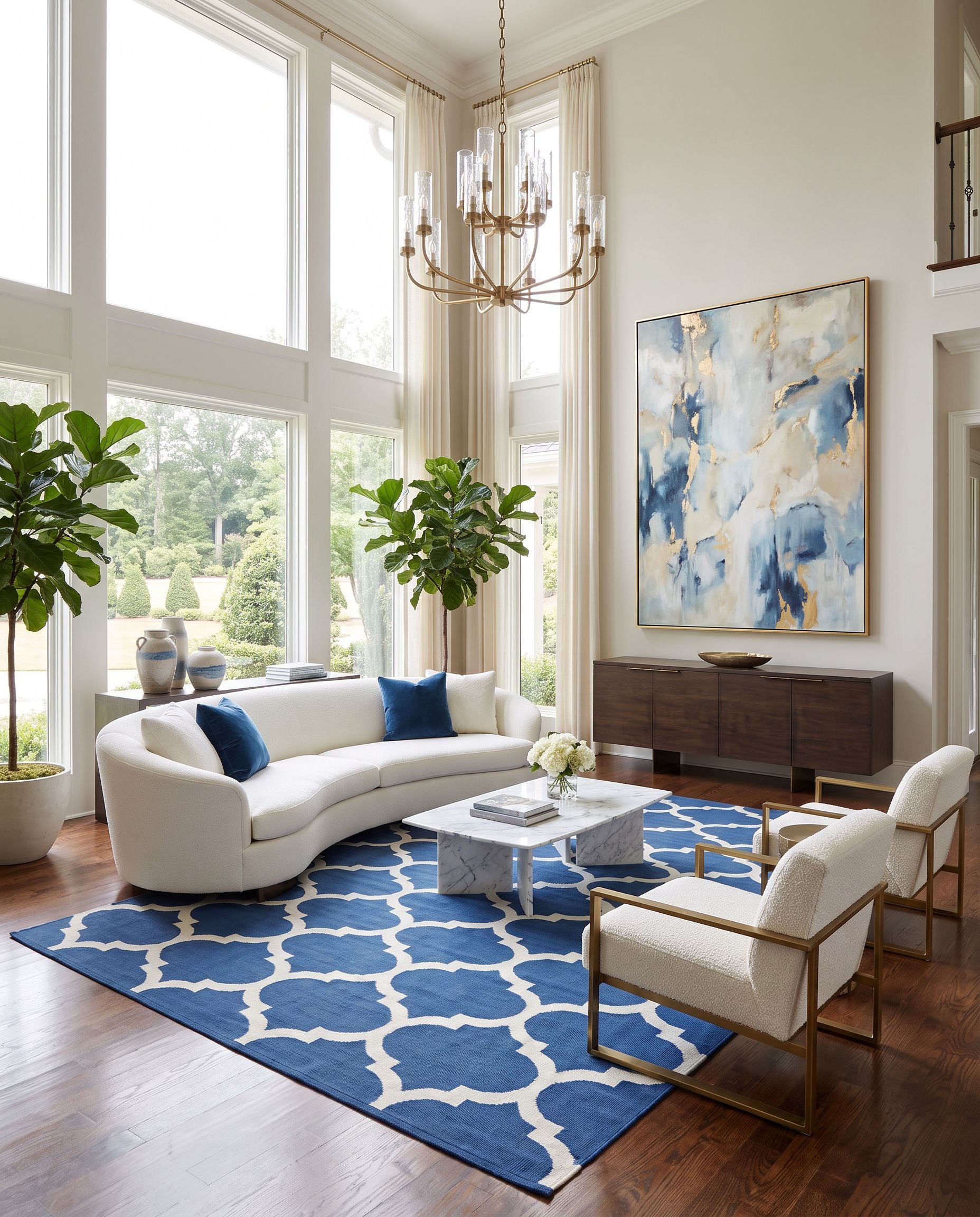 Vogue AWLT-3005 Hand Woven Rug as the centerpiece of a bright luxury living room — a hand woven modern area rug in multicolor tones