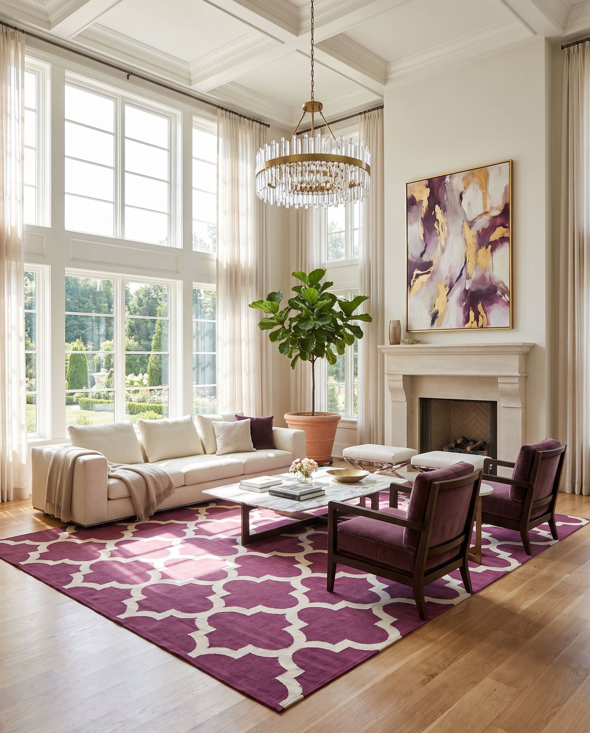 Vogue AWLT-3006 Hand Woven Rug as the centerpiece of a bright luxury living room — a hand woven modern area rug in magenta and oatmeal tones