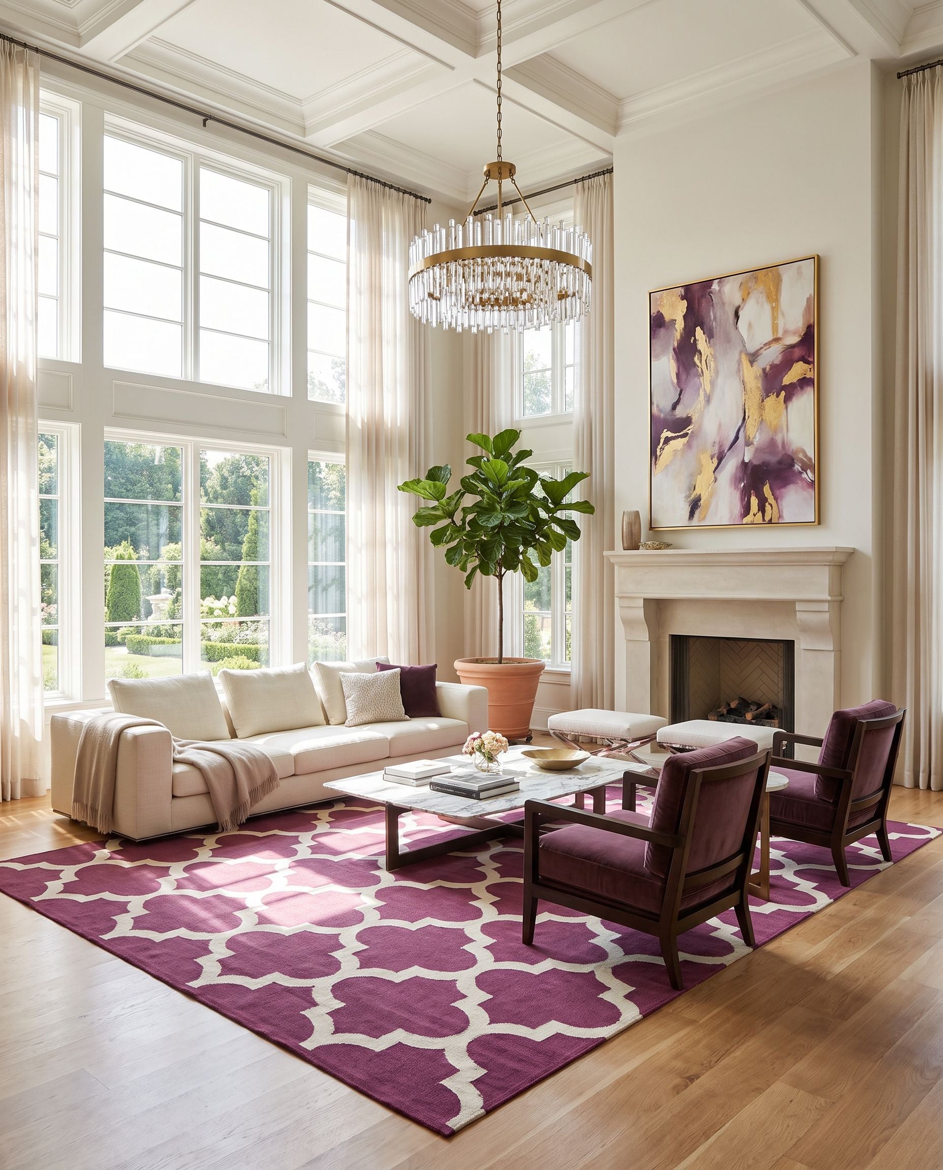 Vogue AWLT-3006 Hand Woven Rug as the centerpiece of a bright luxury living room — a hand woven modern area rug in magenta and oatmeal tones