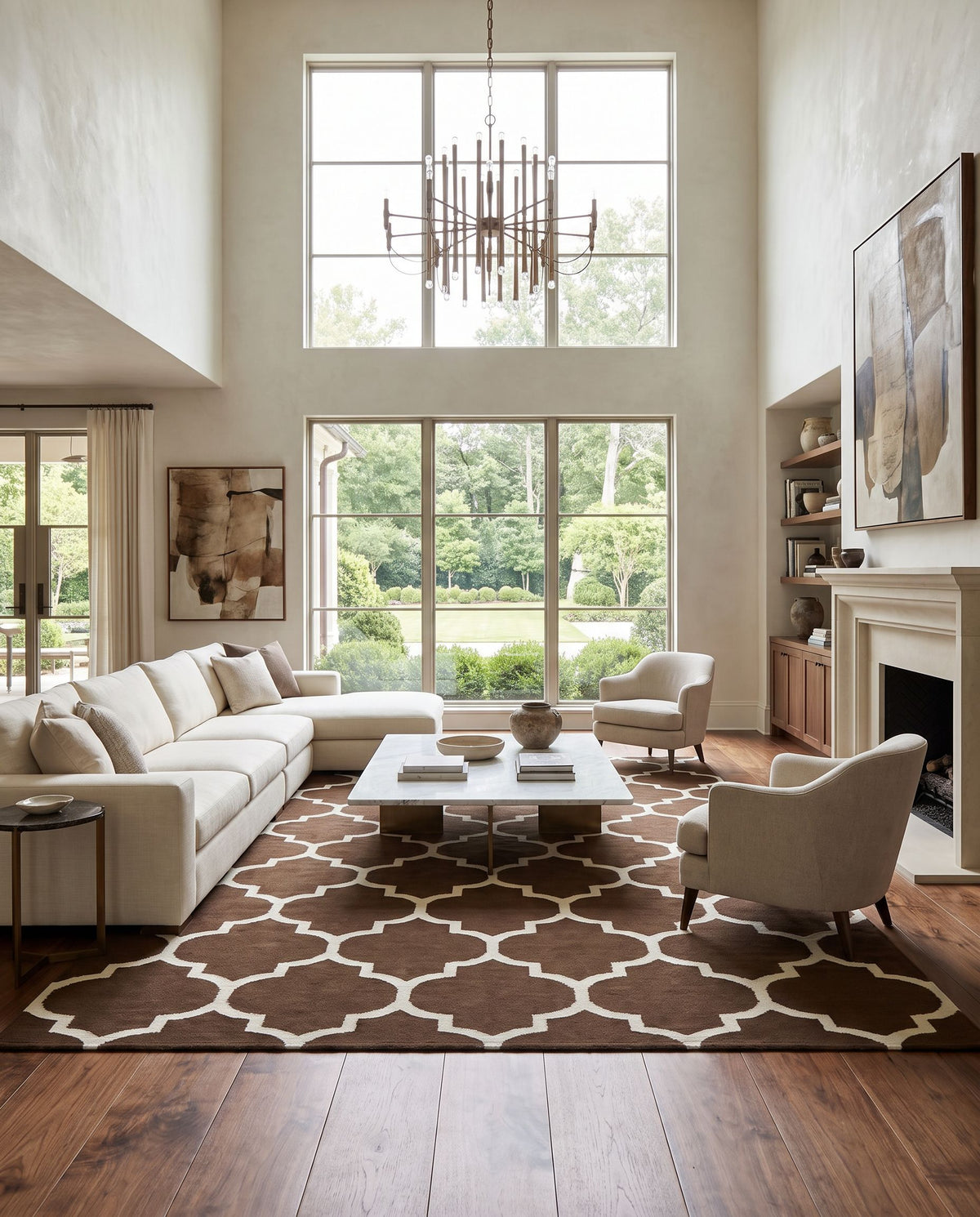Vogue AWLT-3010 Hand Woven Rug as the centerpiece of a bright luxury living room — a hand woven modern area rug in dark brown and ivory tones
