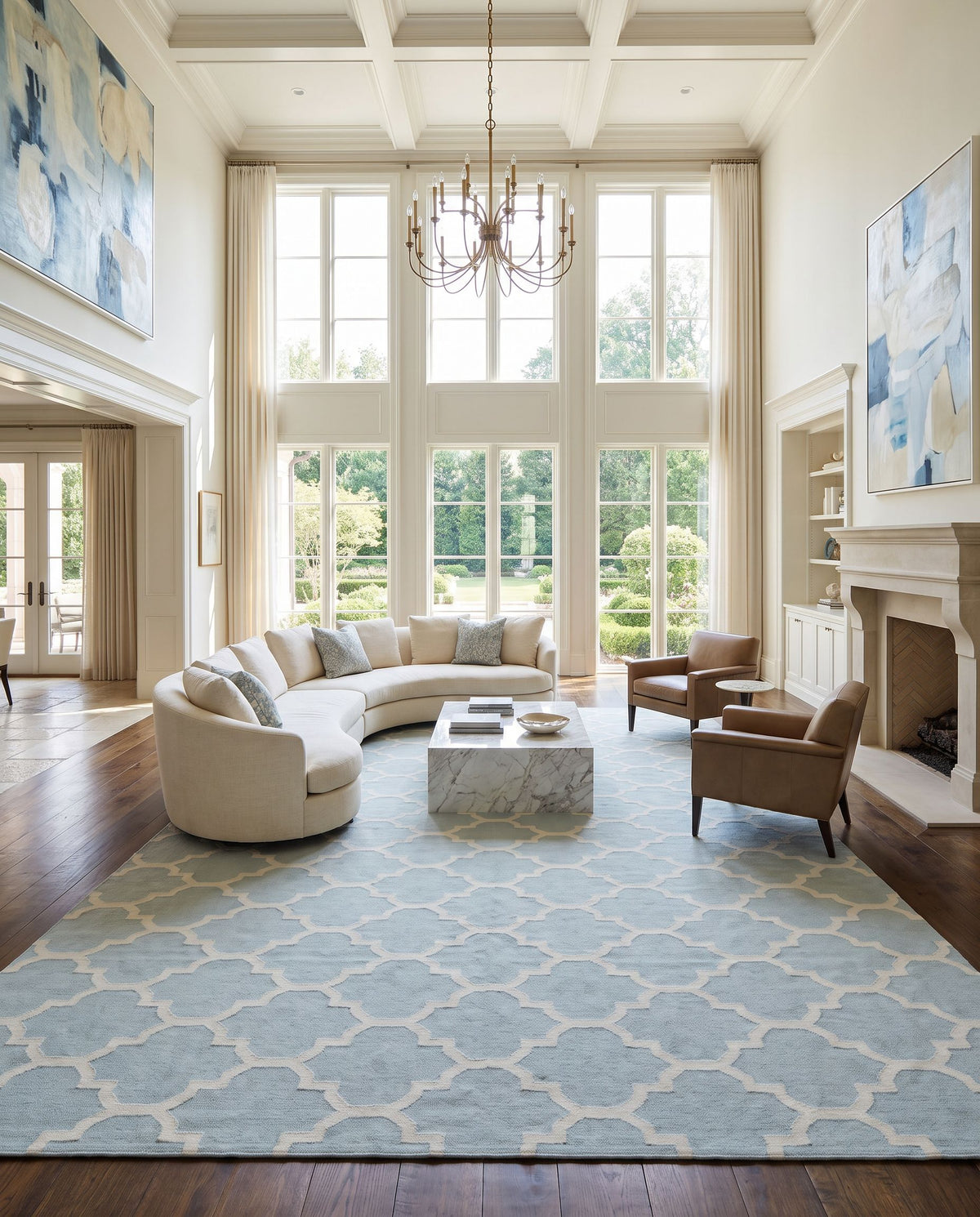 Vogue AWLT-3013 Hand Woven Rug as the centerpiece of a bright luxury living room — a hand woven modern area rug in ice blue and cream tones