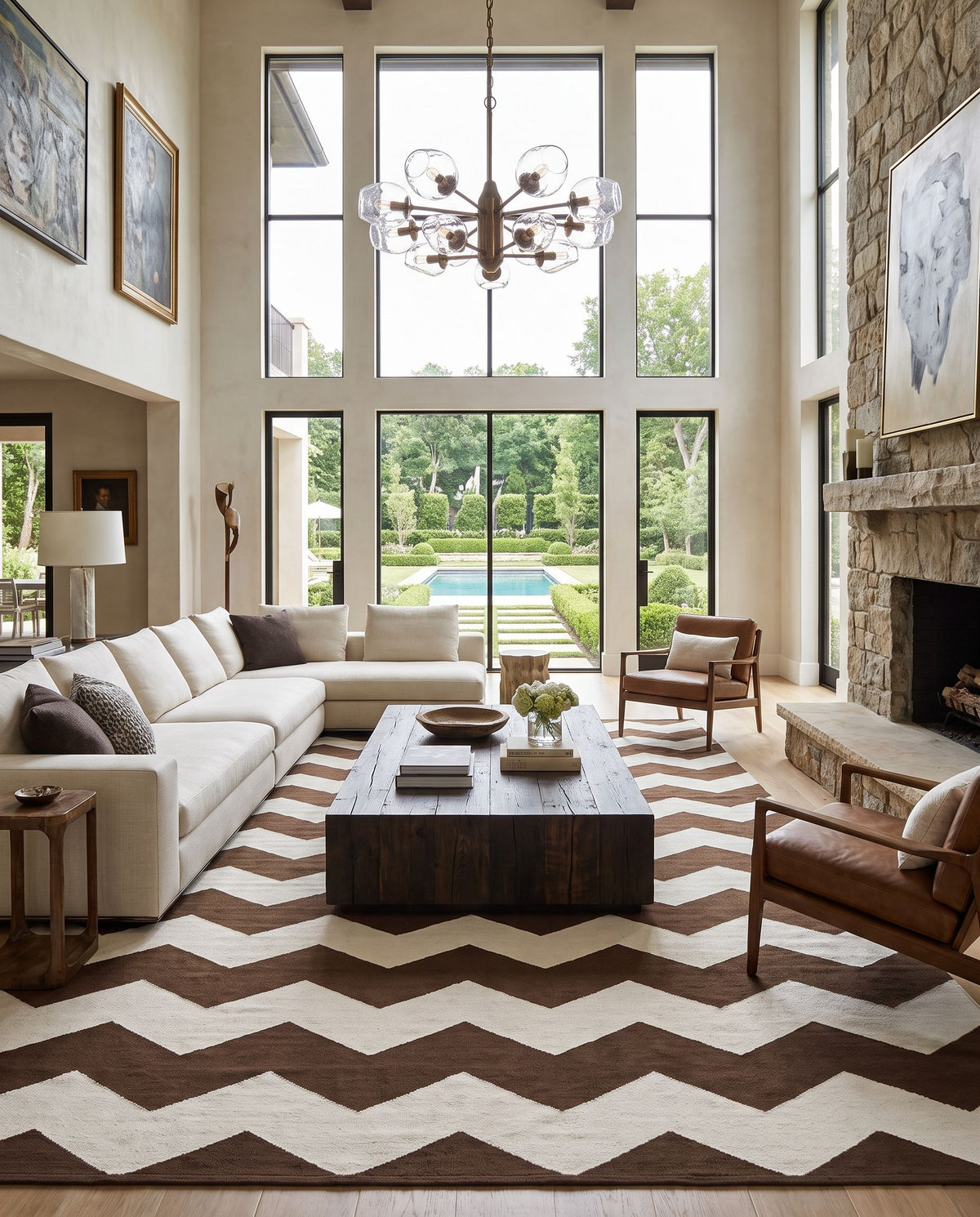 Vogue AWLT-3017 Hand Woven Rug as the centerpiece of a bright luxury living room — a hand woven modern area rug in dark brown and cream tones
