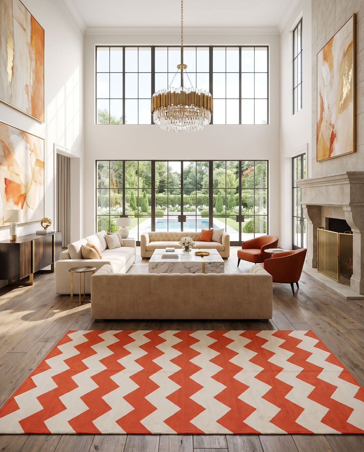 Vogue AWLT-3018 Hand Woven Rug as the centerpiece of a bright luxury living room — a hand woven modern area rug in coral and cream tones