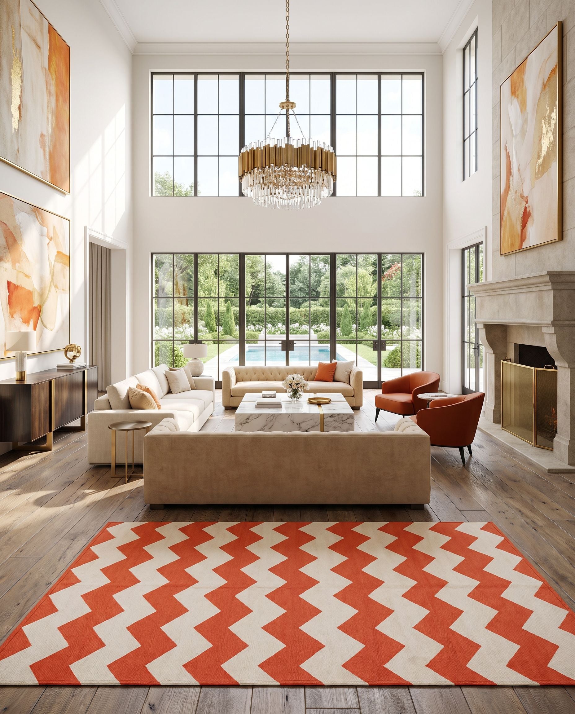 Vogue AWLT-3018 Hand Woven Rug as the centerpiece of a bright luxury living room — a hand woven modern area rug in coral and cream tones