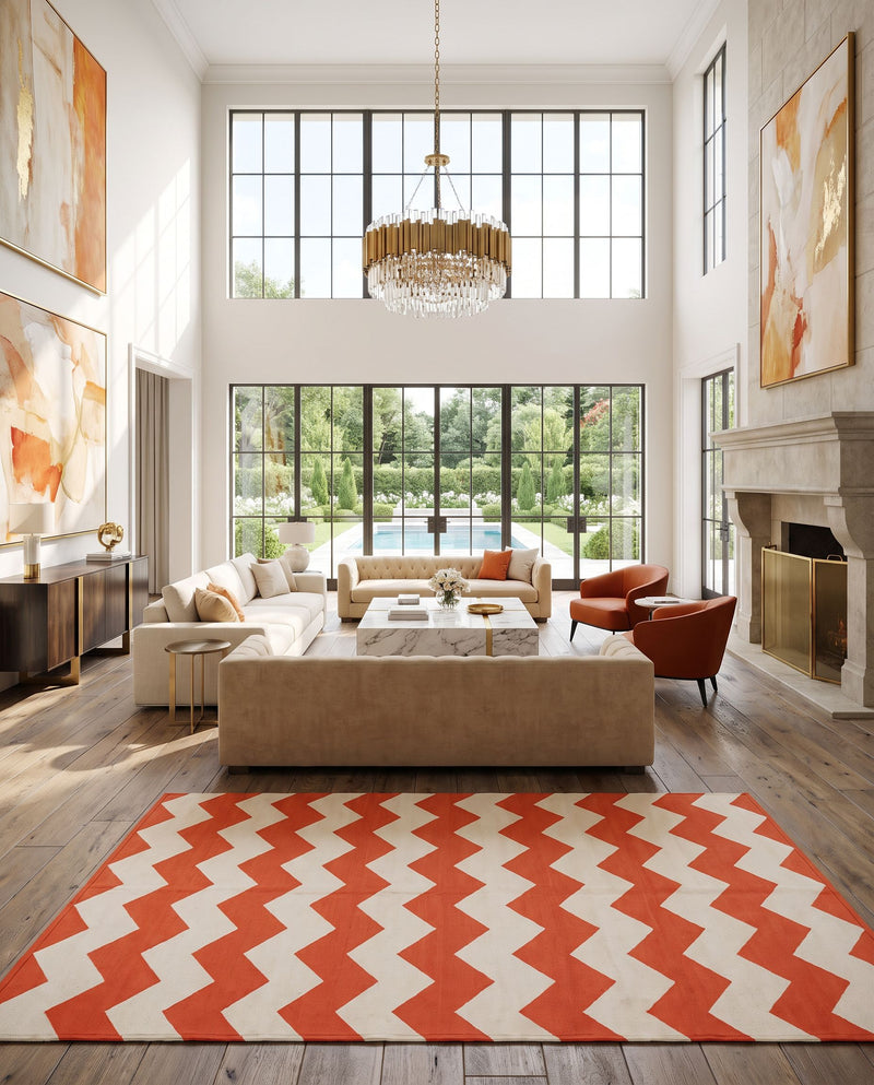 Vogue AWLT-3018 Hand Woven Rug as the centerpiece of a bright luxury living room — a hand woven modern area rug in coral and cream tones