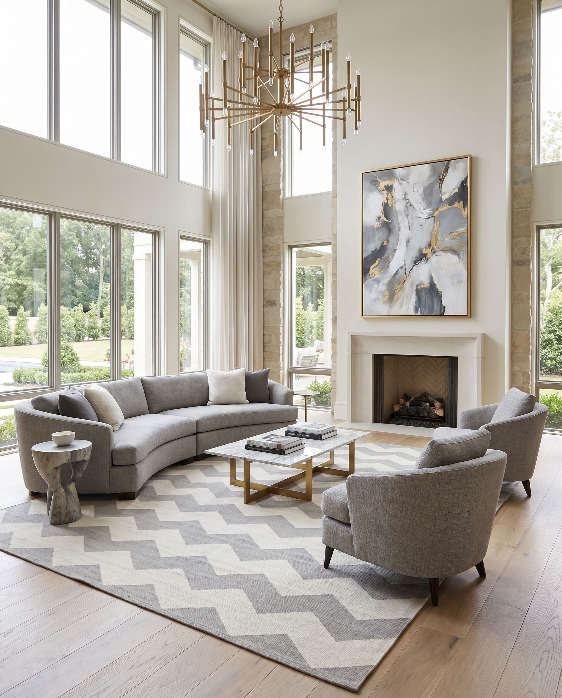 Vogue AWLT-3019 Hand Woven Rug as the centerpiece of a bright luxury living room — a hand woven modern area rug in dusty sage and cream tones