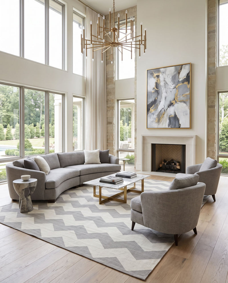 Vogue AWLT-3019 Hand Woven Rug as the centerpiece of a bright luxury living room — a hand woven modern area rug in dusty sage and cream tones
