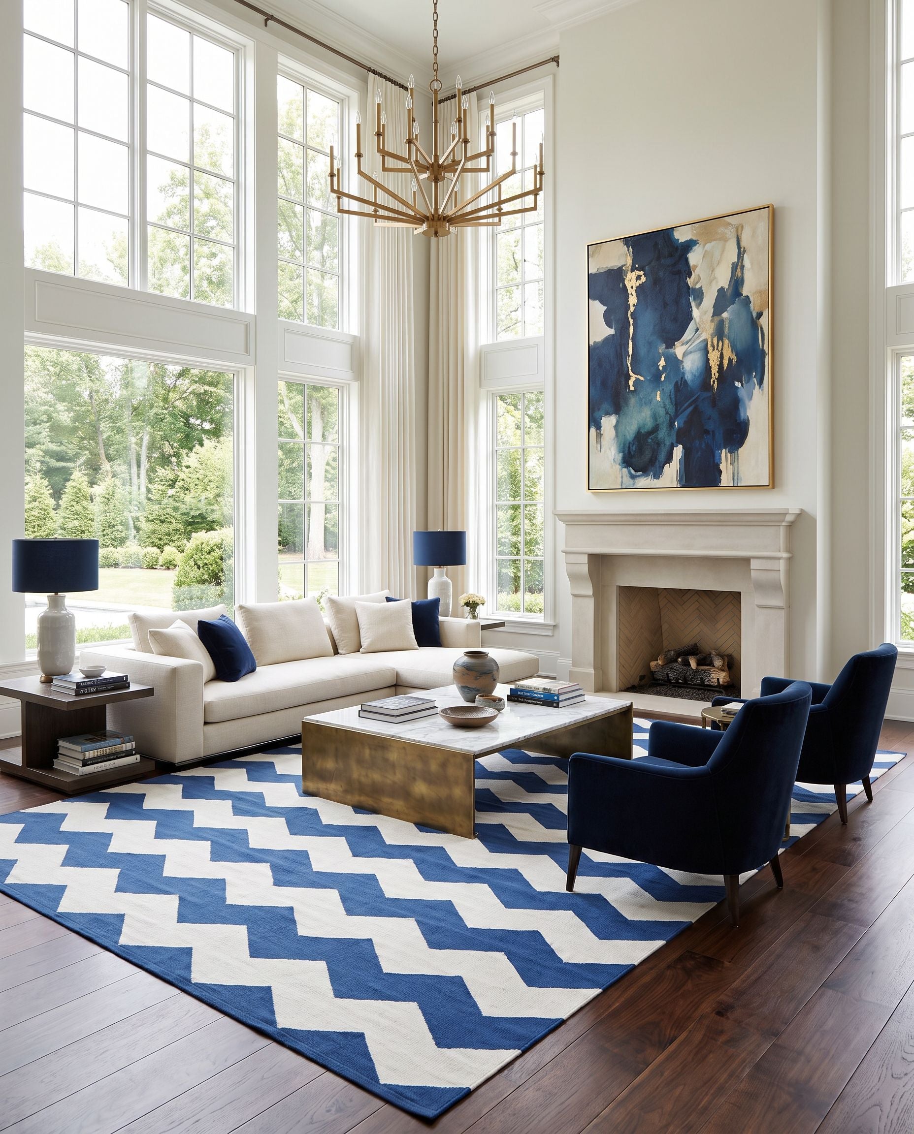Vogue AWLT-3020 Hand Woven Rug as the centerpiece of a bright luxury living room — a hand woven modern area rug in dark blue and cream tones