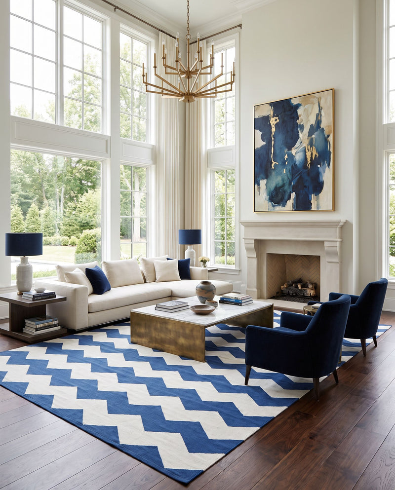 Vogue AWLT-3020 Hand Woven Rug as the centerpiece of a bright luxury living room — a hand woven modern area rug in dark blue and cream tones
