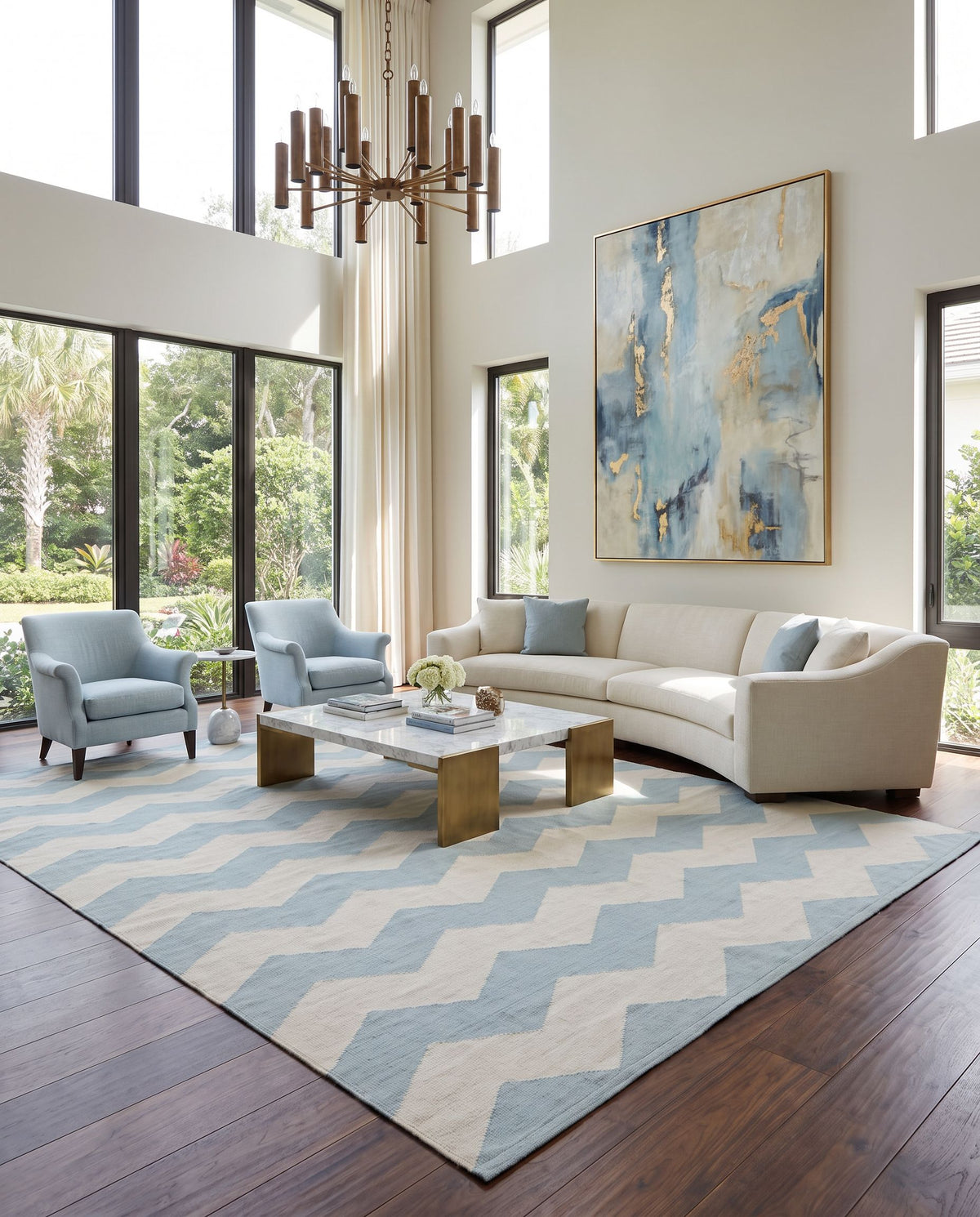 Vogue AWLT-3021 Hand Woven Rug as the centerpiece of a bright luxury living room — a hand woven modern area rug in ice blue and cream tones