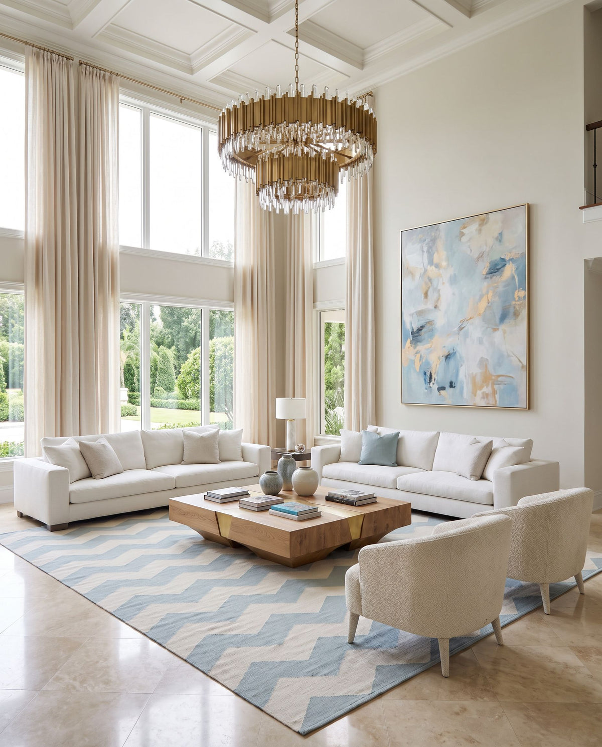 Vogue AWLT-3021 Hand Woven Rug styled in an elegant designer living room — hand woven modern area rug in ice blue and cream tones