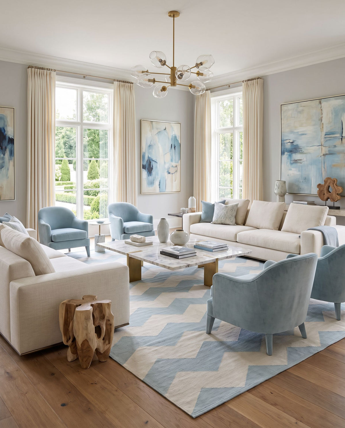 Vogue AWLT-3021 Hand Woven Rug styled in an elegant designer living room — hand woven modern area rug in ice blue and cream tones