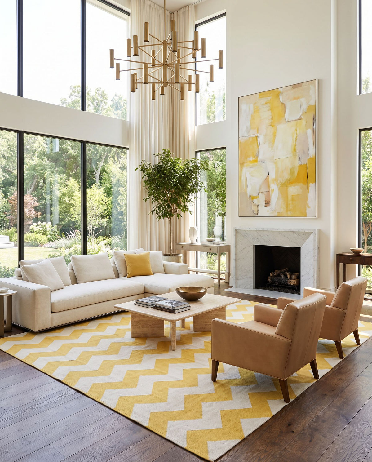 Vogue AWLT-3023 Hand Woven Rug as the centerpiece of a bright luxury living room — a hand woven modern area rug in yellow and ivory tones