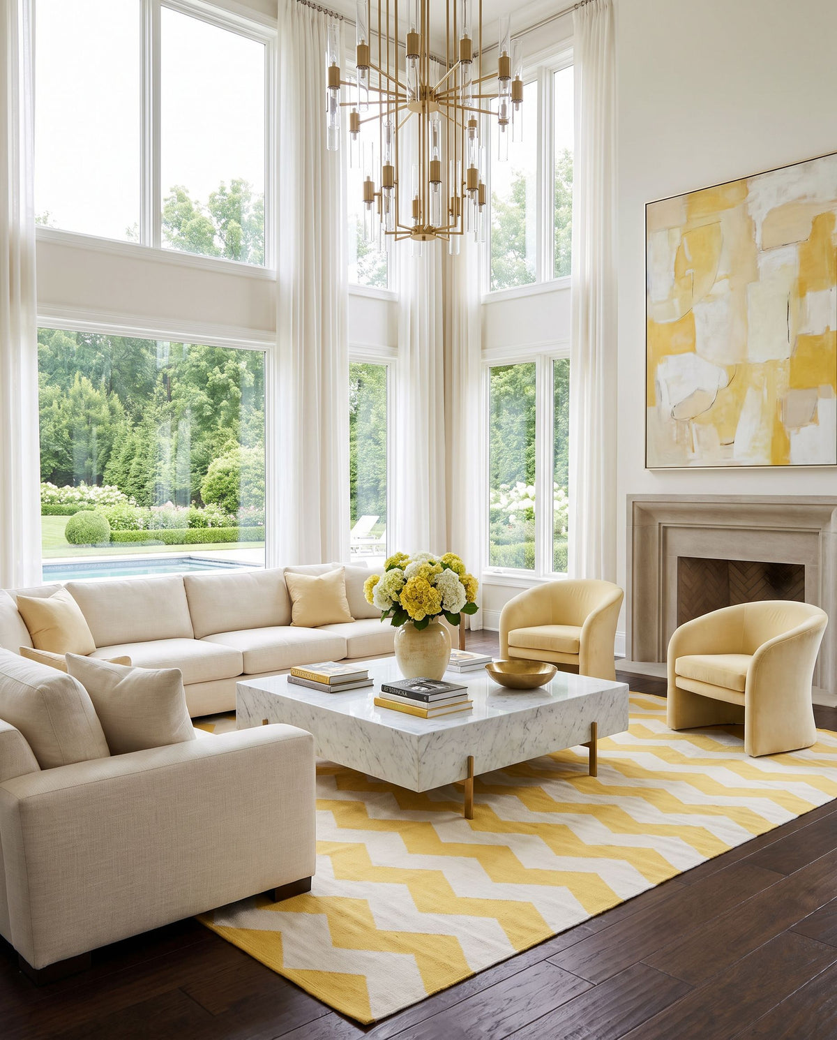 Vogue AWLT-3023 Hand Woven Rug styled in an elegant designer living room — hand woven modern area rug in yellow and ivory tones