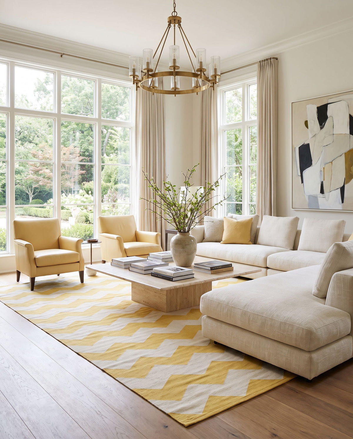 Vogue AWLT-3023 Hand Woven Rug styled in an elegant designer living room — hand woven modern area rug in yellow and ivory tones