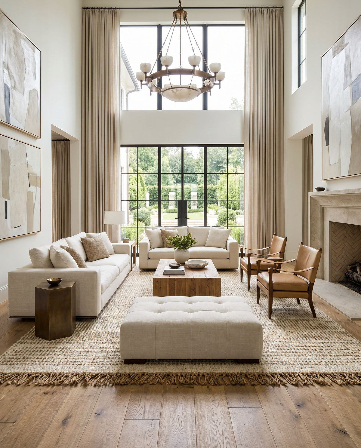 Aylin AYI-2300 Hand Woven Rug as the centerpiece of a bright luxury living room — a hand woven cottage area rug in black, taupe, tan and metallic gold tones