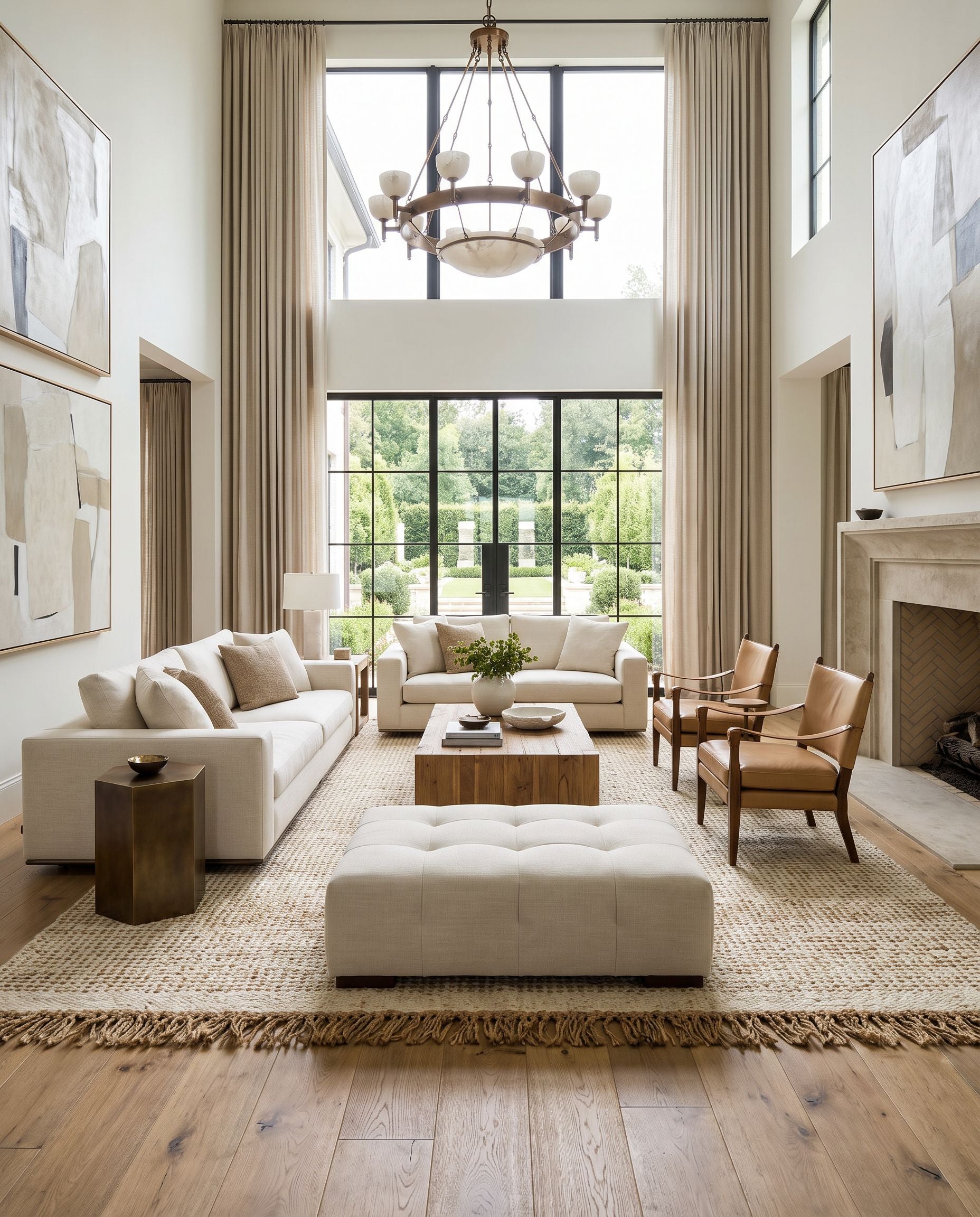 Aylin AYI-2300 Hand Woven Rug as the centerpiece of a bright luxury living room — a hand woven cottage area rug in black, taupe, tan and metallic gold tones