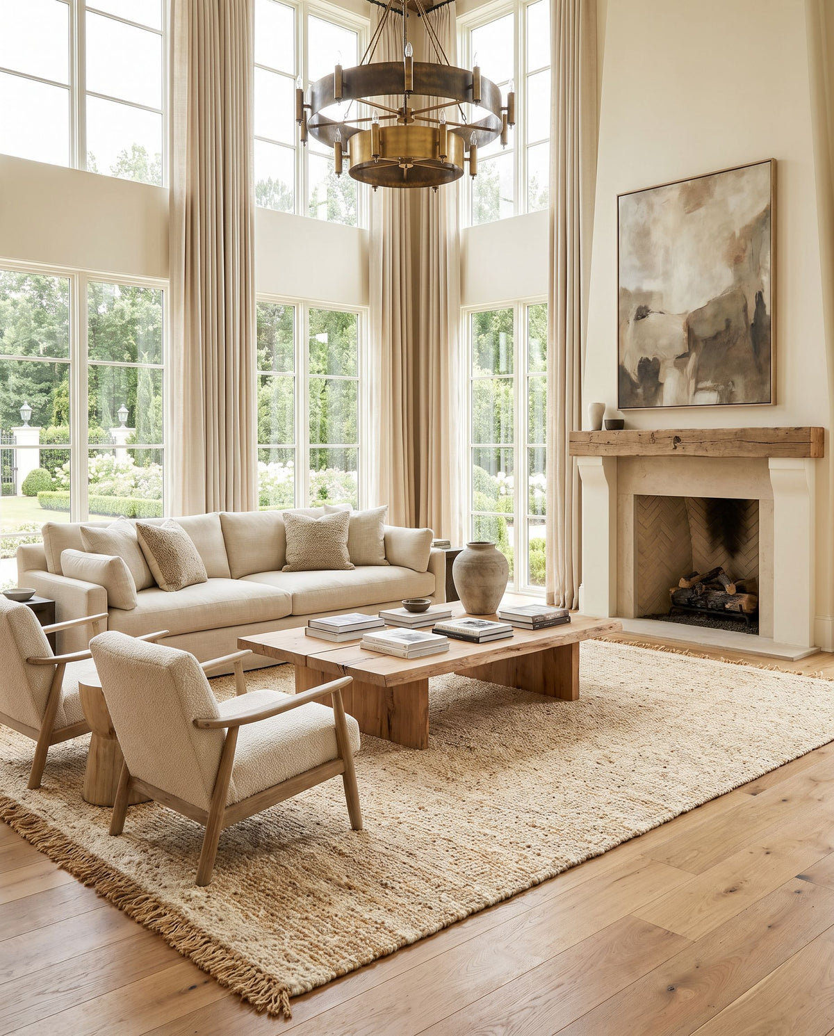 Aylin AYI-2303 Hand Woven Rug as the centerpiece of a bright luxury living room — a hand woven cottage area rug in black, taupe, tan and metallic gold tones