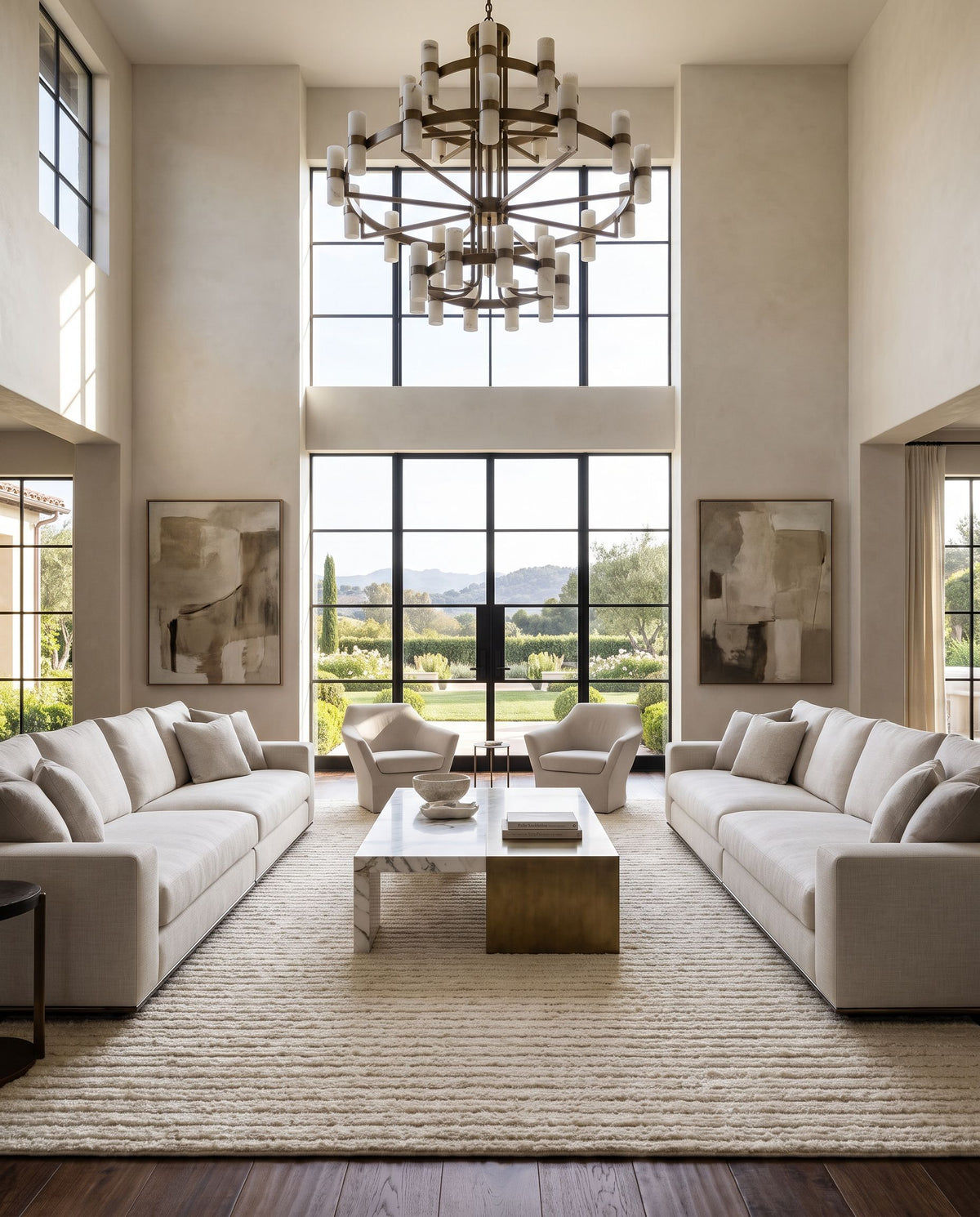 Anya AYY-2300 Hand Woven Rug as the centerpiece of a bright luxury living room — a hand woven cottage area rug in gray, light olive, taupe and off-white tones