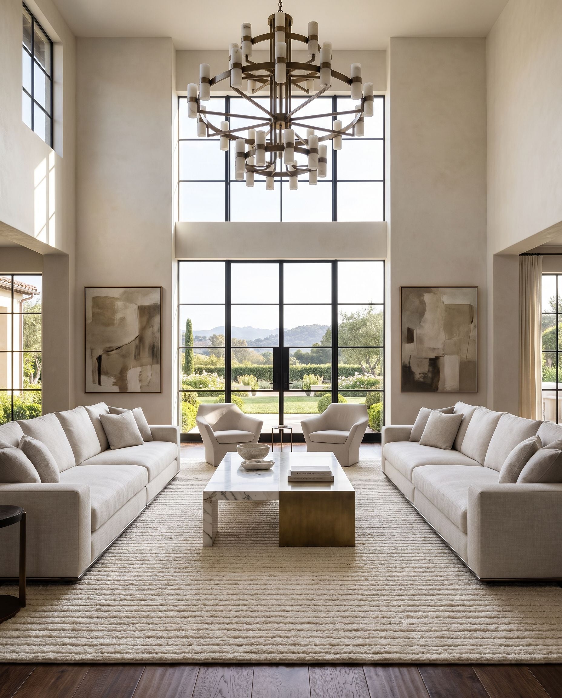 Anya AYY-2300 Hand Woven Rug as the centerpiece of a bright luxury living room — a hand woven cottage area rug in gray, light olive, taupe and off-white tones