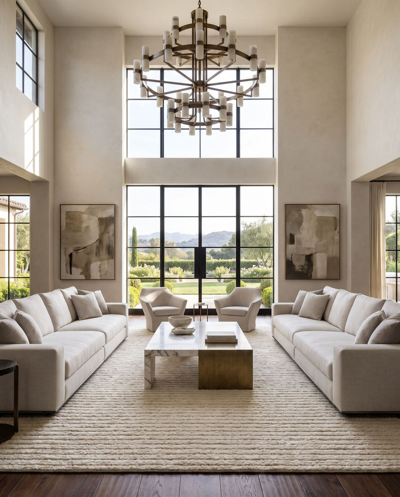 Anya AYY-2300 Hand Woven Rug as the centerpiece of a bright luxury living room — a hand woven cottage area rug in gray, light olive, taupe and off-white tones