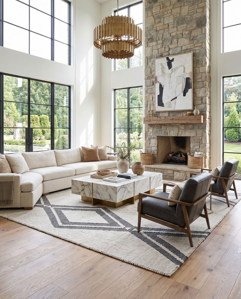 Azalea AZA-2300 Hand Woven Rug as the centerpiece of a bright luxury living room — a hand woven global area rug in black and ivory tones