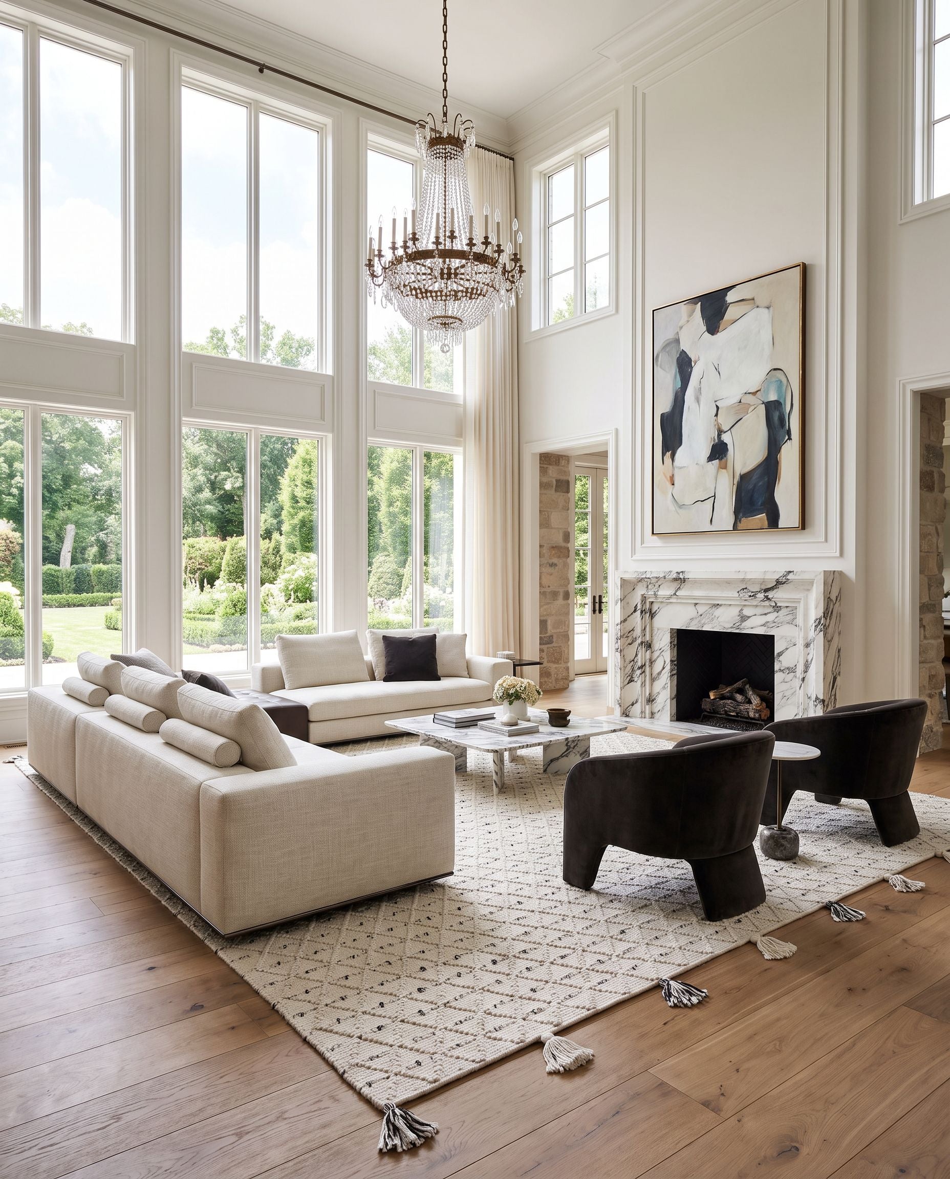Azalea AZA-2301 Hand Woven Rug as the centerpiece of a bright luxury living room — a hand woven global area rug in ivory, gray and black tones