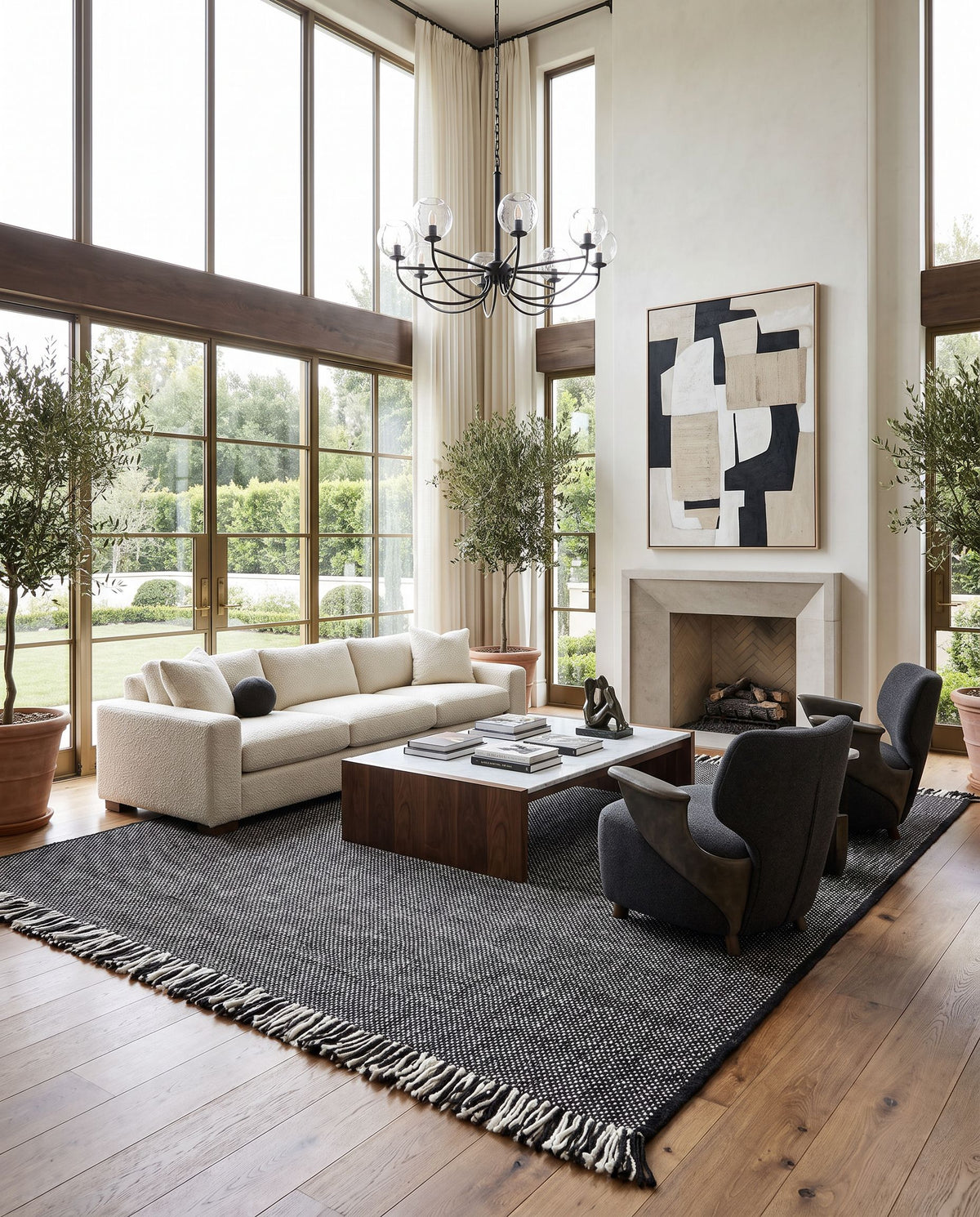 Azalea AZA-2312 Hand Woven Rug as the centerpiece of a bright luxury living room — a hand woven modern area rug in black, cream and medium gray tones