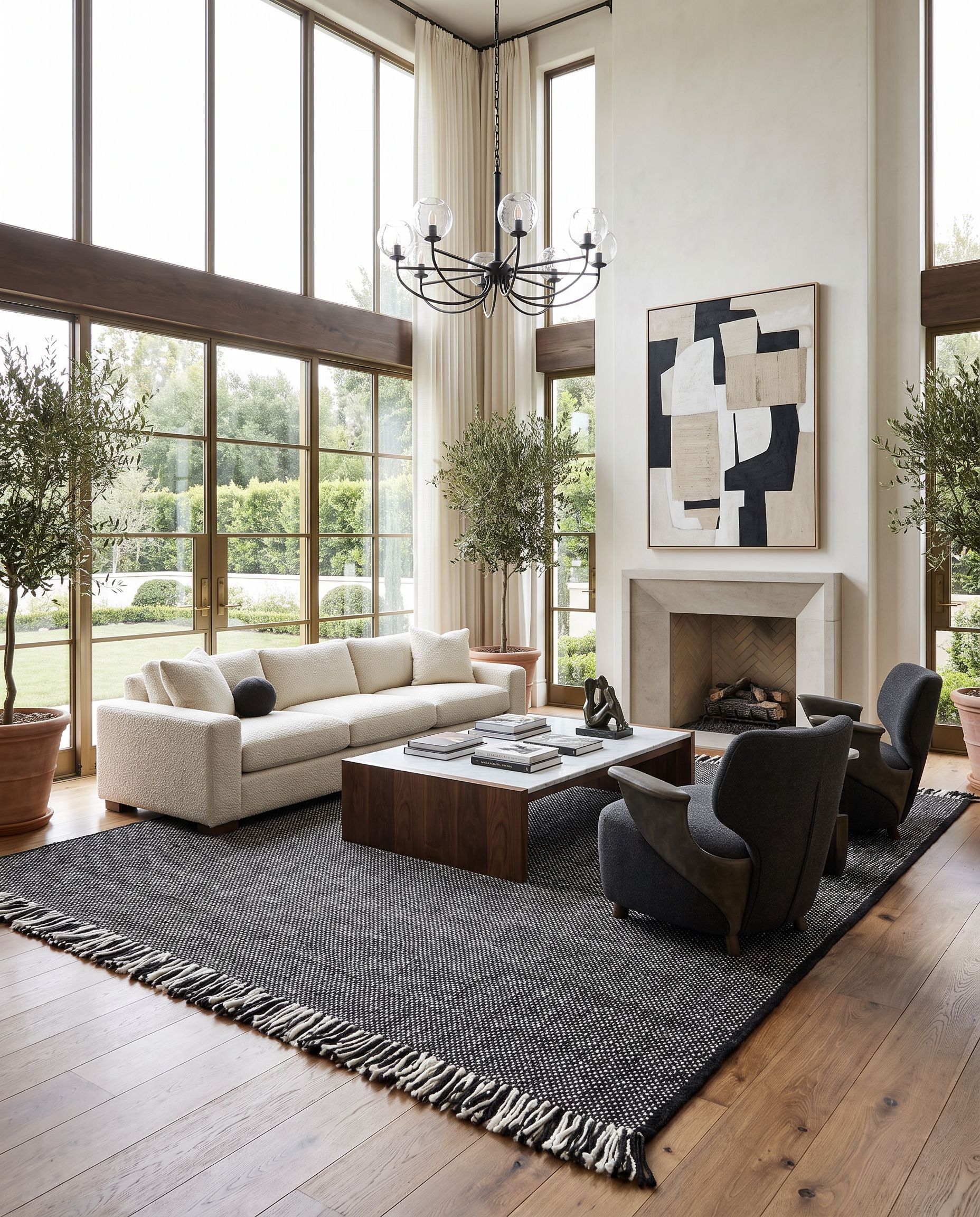 Azalea AZA-2312 Hand Woven Rug as the centerpiece of a bright luxury living room — a hand woven modern area rug in black, cream and medium gray tones