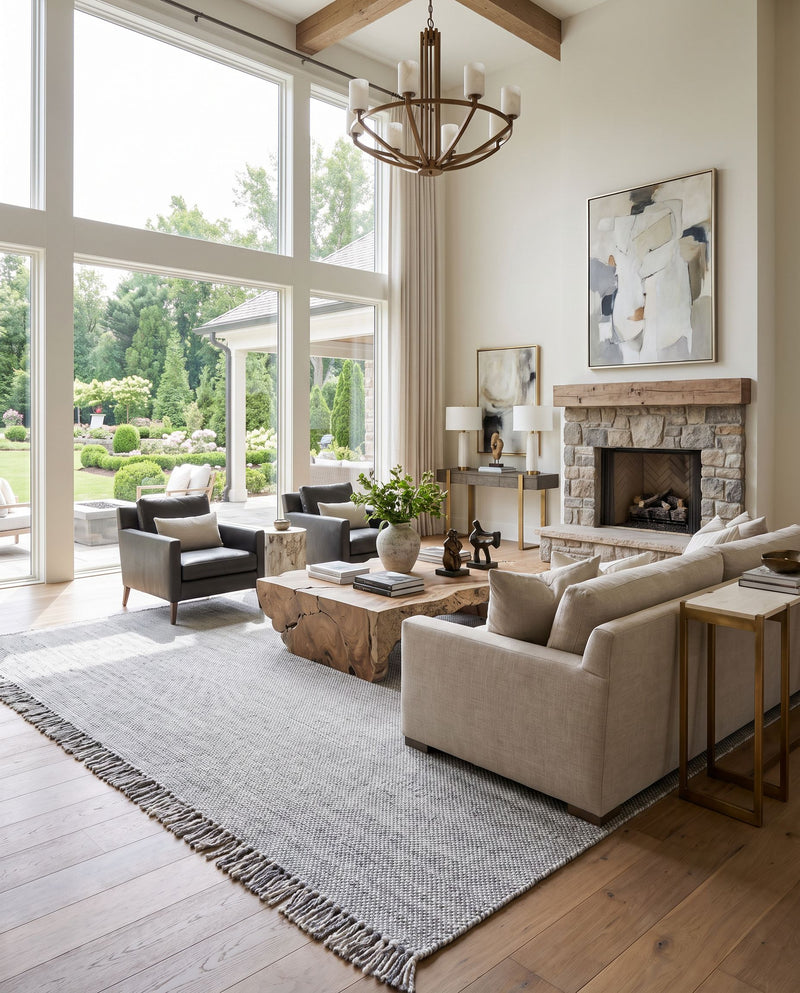Azalea AZA-2314 Hand Woven Rug as the centerpiece of a bright luxury living room — a hand woven modern area rug in light slate, medium gray, black and cream tones