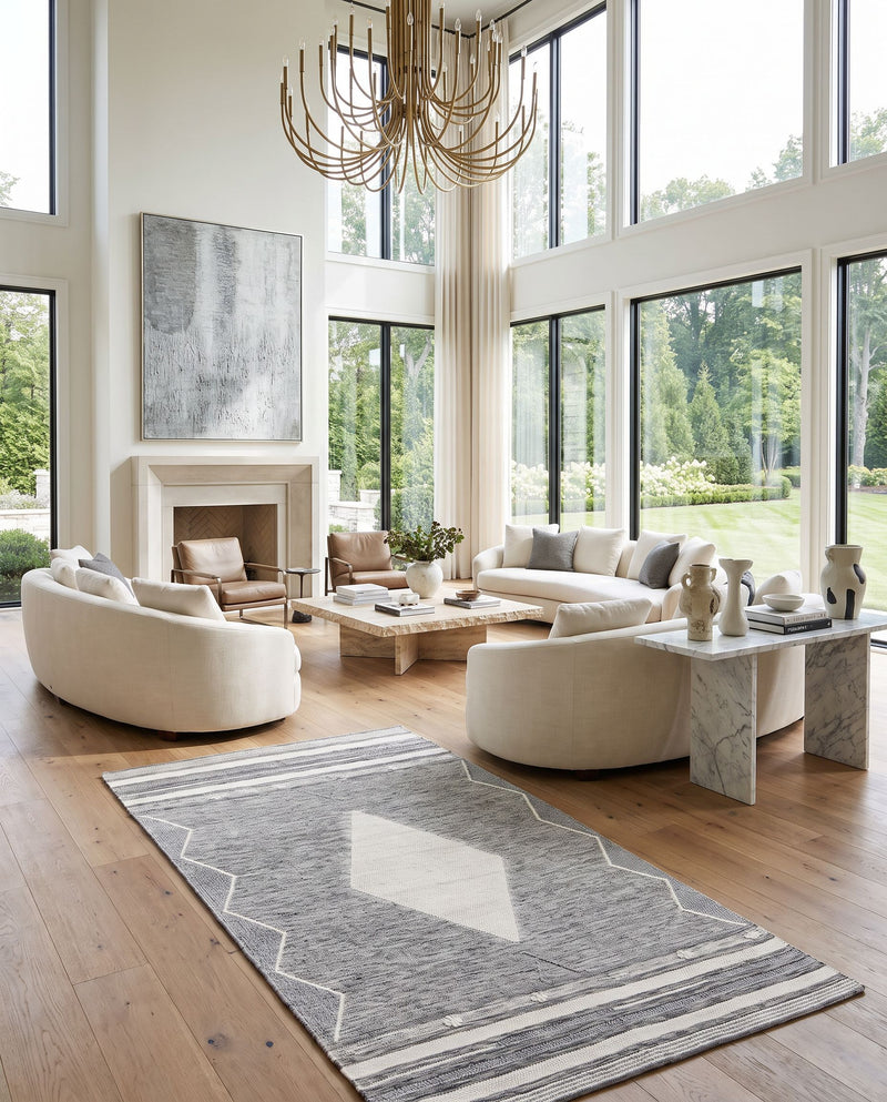 Azalea AZA-2317 Hand Woven Rug as the centerpiece of a bright luxury living room — a hand woven global area rug in light slate, medium gray, black and cream tones