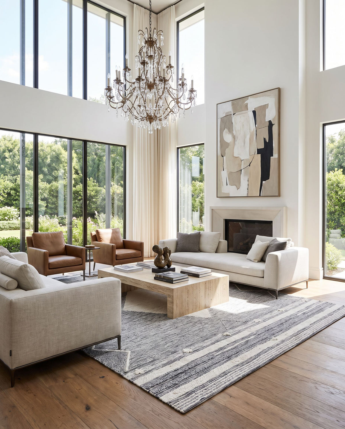 Azalea AZA-2317 Hand Woven Rug styled in an elegant designer living room — hand woven global area rug in light slate, medium gray, black and cream tones