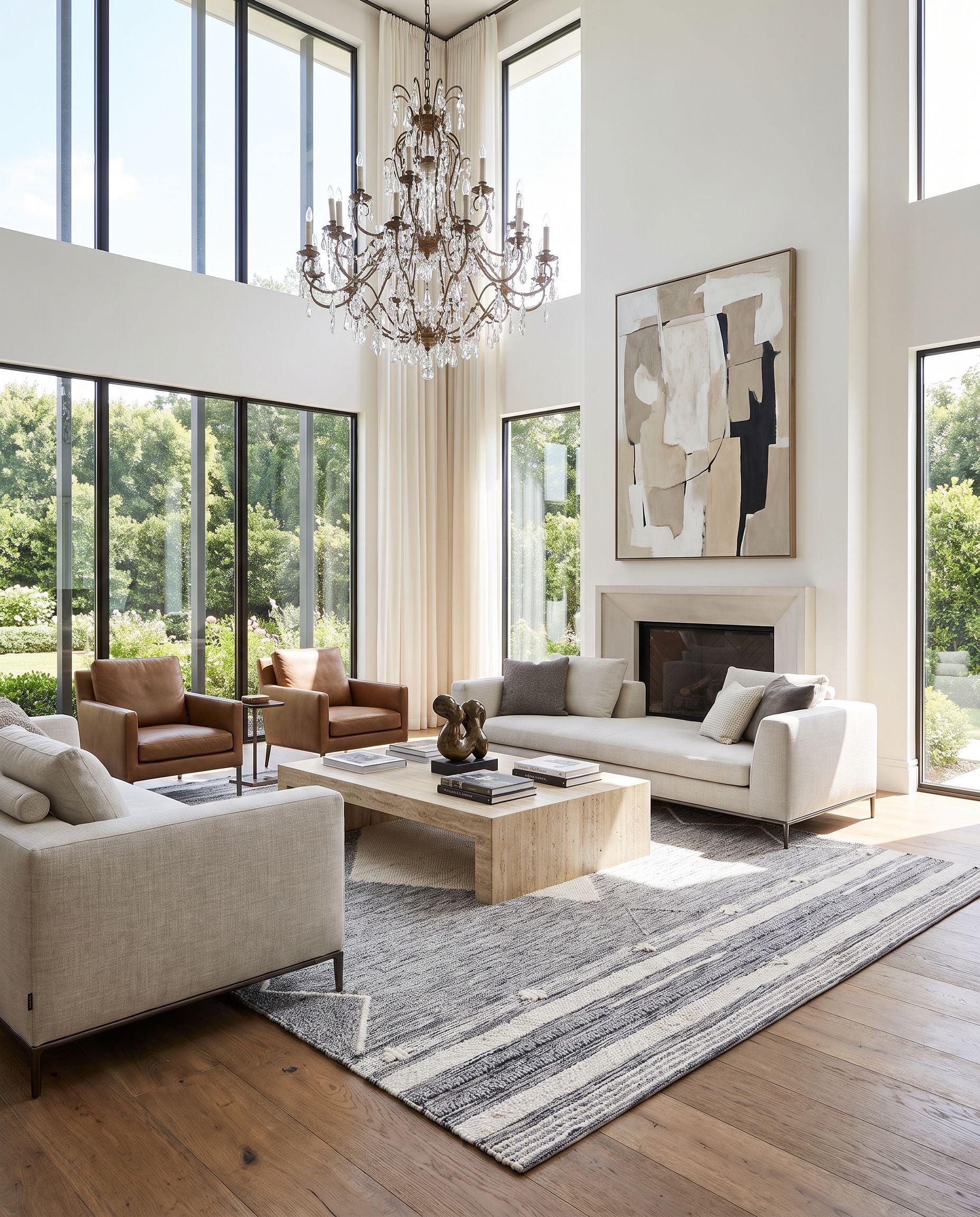 Azalea AZA-2317 Hand Woven Rug styled in an elegant designer living room — hand woven global area rug in light slate, medium gray, black and cream tones