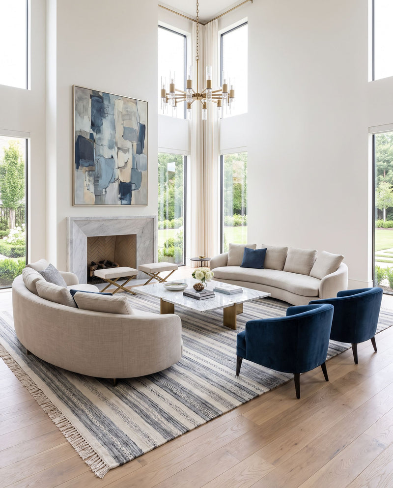 Azalea AZA-2318 Hand Woven Rug as the centerpiece of a bright luxury living room — a hand woven modern area rug in light beige, brown, aqua and charcoal tones