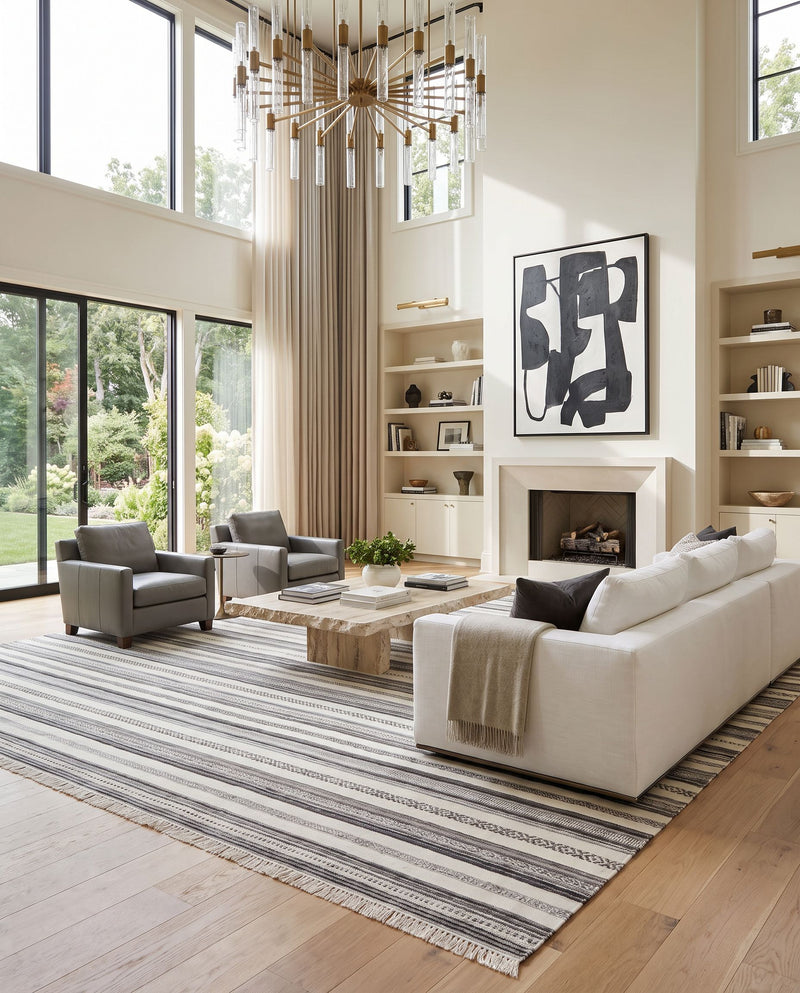 Azalea AZA-2319 Hand Woven Rug as the centerpiece of a bright luxury living room — a hand woven modern area rug in light beige, brown, charcoal and black tones