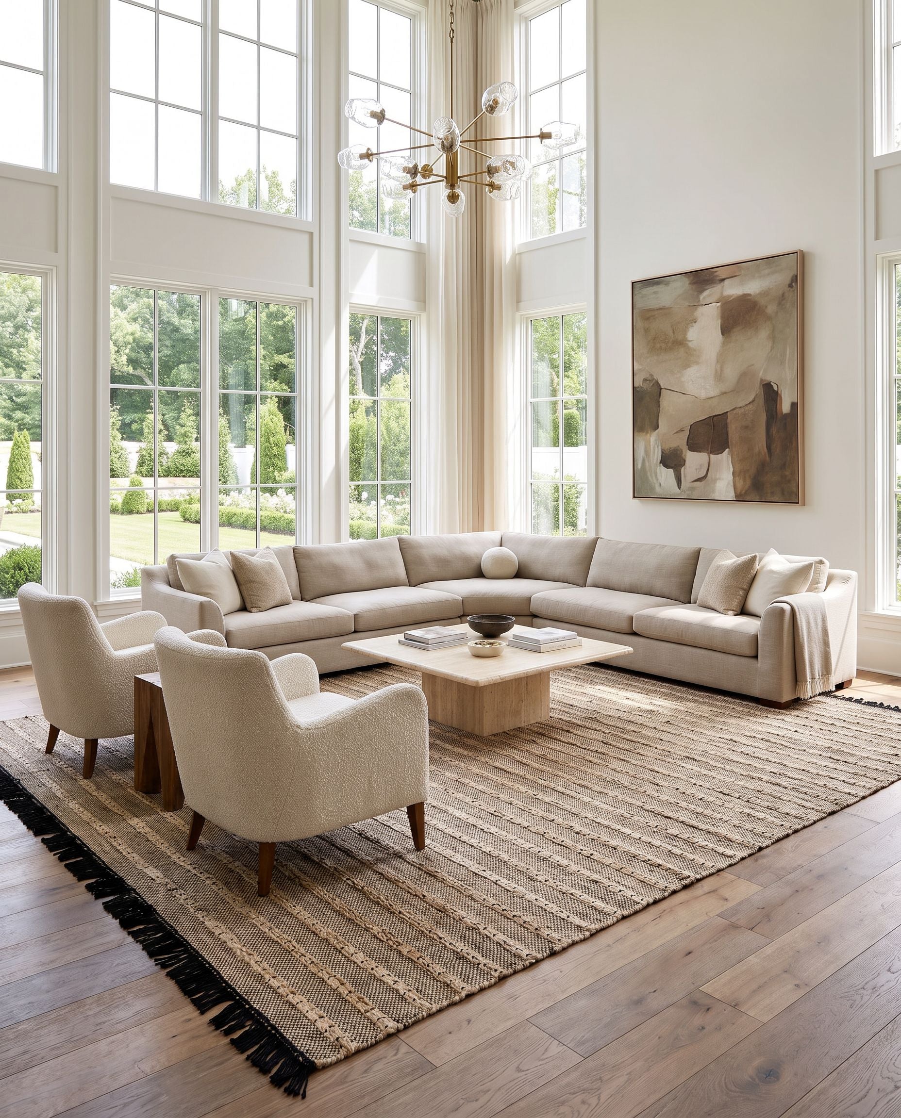 Azalea AZA-2335 Hand Woven Rug as the centerpiece of a bright luxury living room — a hand woven modern area rug in taupe, brown, black and charcoal tones