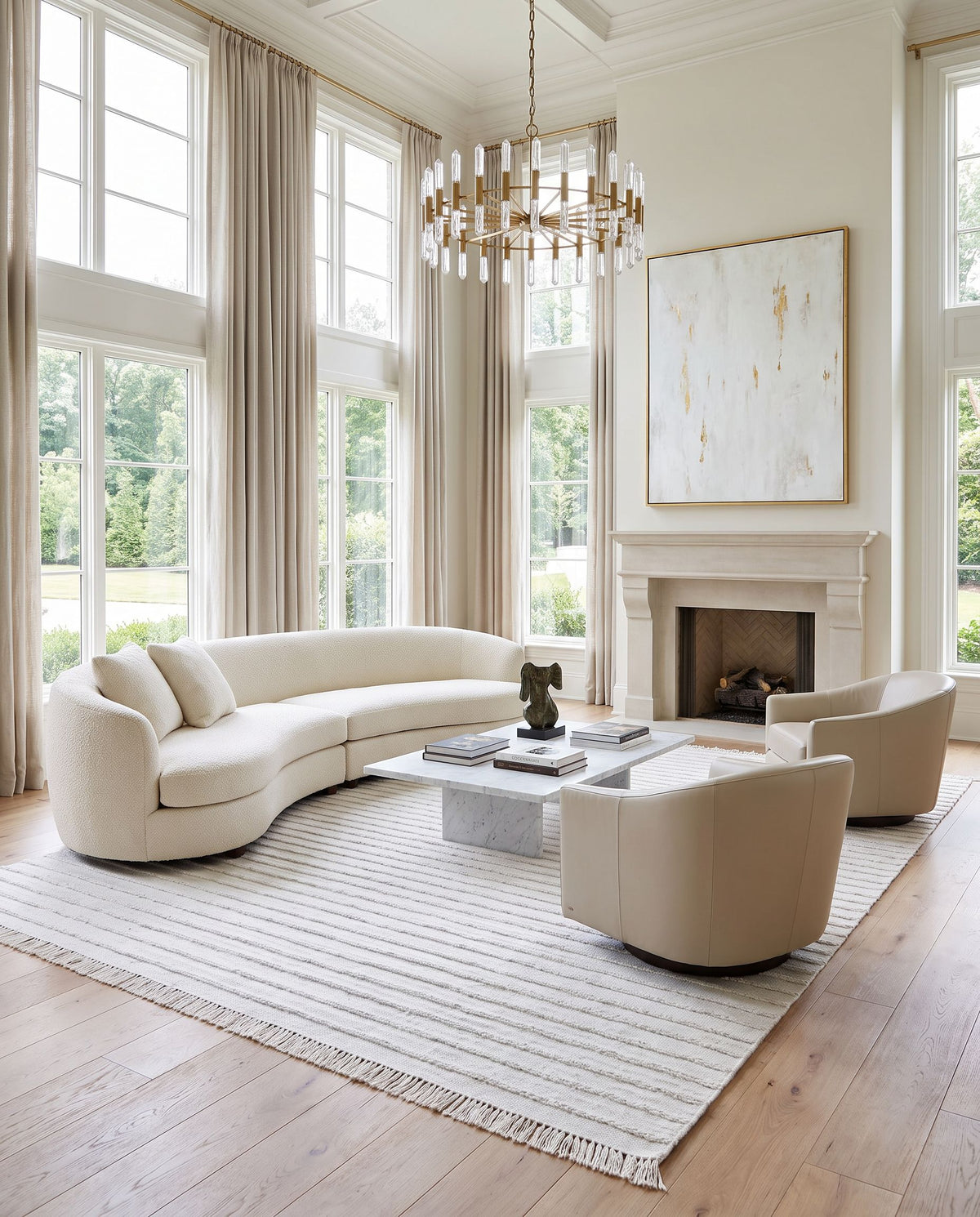 Azalea AZA-2336 Hand Woven Rug as the centerpiece of a bright luxury living room — a hand woven modern area rug in light gray tones