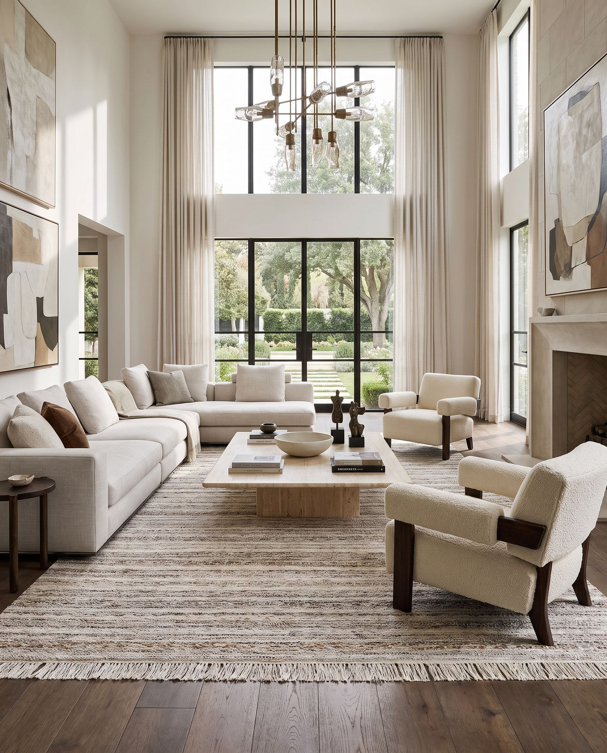 Azalea AZA-2338 Hand Woven Rug as the centerpiece of a bright luxury living room — a hand woven modern area rug in taupe, ivory, camel and dark brown tones