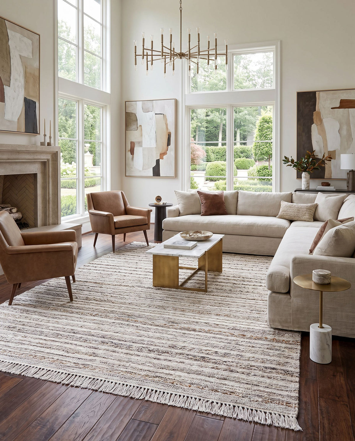 Azalea AZA-2338 Hand Woven Rug styled in an elegant designer living room — hand woven modern area rug in taupe, ivory, camel and dark brown tones