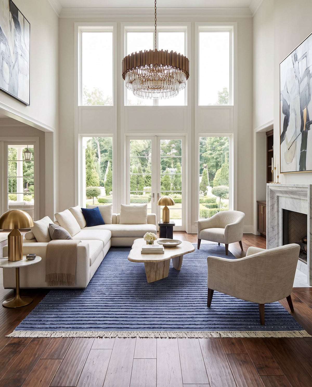 Azalea AZA-2339 Hand Woven Rug as the centerpiece of a bright luxury living room — a hand woven modern area rug in dark blue, denim, ivory and white tones