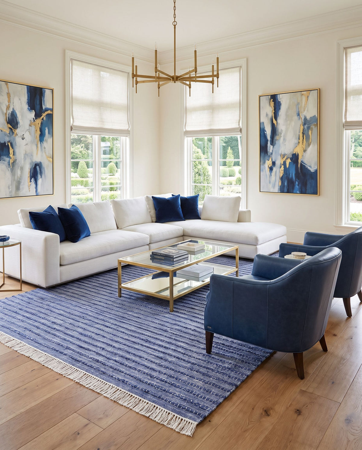 Azalea AZA-2339 Hand Woven Rug styled in an elegant designer living room — hand woven modern area rug in dark blue, denim, ivory and white tones