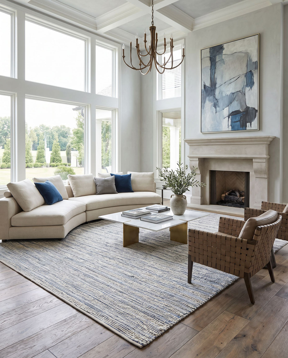Bali BAL-2302 Hand Woven Rug as the centerpiece of a bright luxury living room — a hand woven cottage area rug in denim, black and beige tones