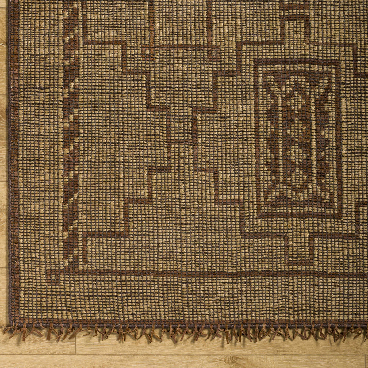 Mustard Hand Woven 70% Jute, 30% Leather Global Rectangle Handmade rug, Indoor use only, has fringe, non-washable. runner also available