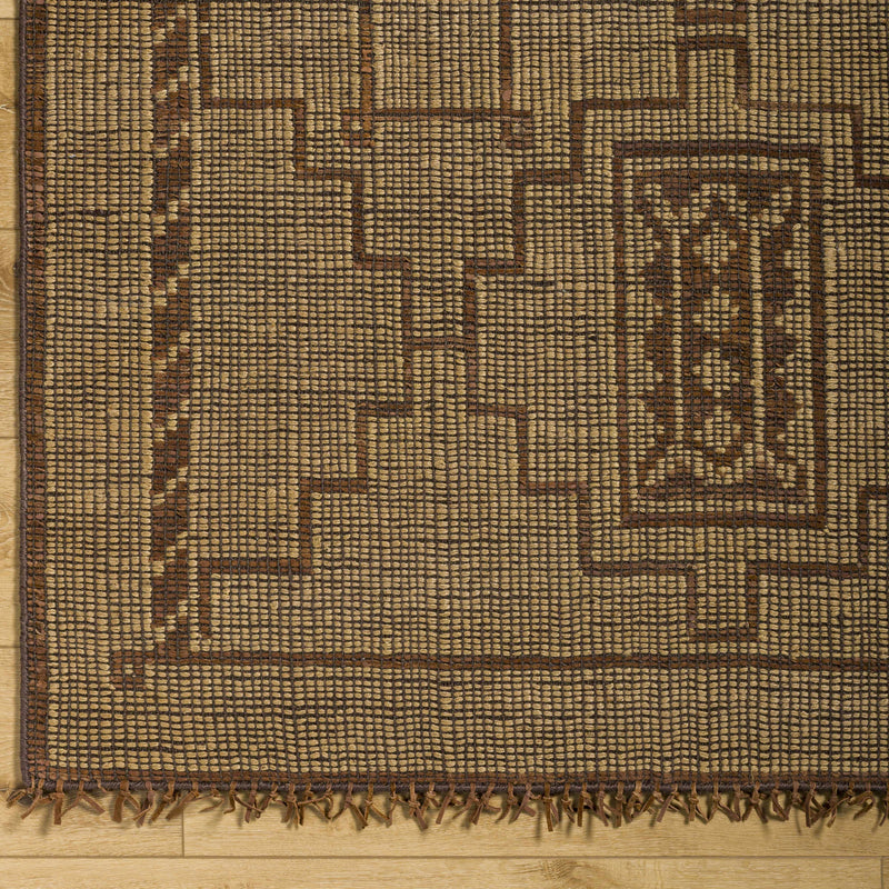 Mustard Hand Woven 70% Jute, 30% Leather Global Rectangle Handmade rug, Indoor use only, has fringe, non-washable. runner also available